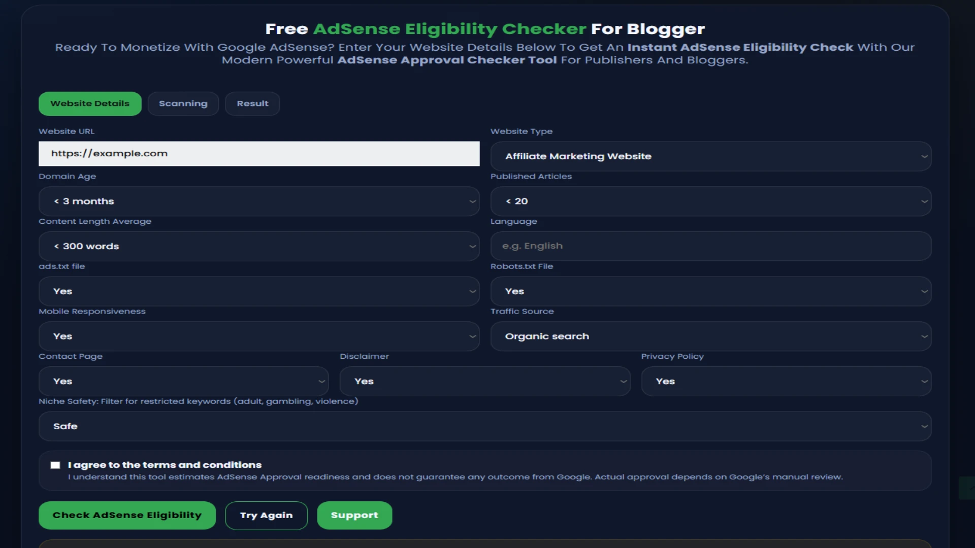 AdSense Approval Checker Tool - readiness score and audit results